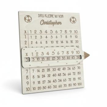 Personalisiertes 1x1‑Lernbrett aus Holz mit graviertem Namen und passender Lesehilfe im Bleistift‑Design.